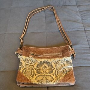 Myra Bag Brown and Cream Crossbody with Floral Design